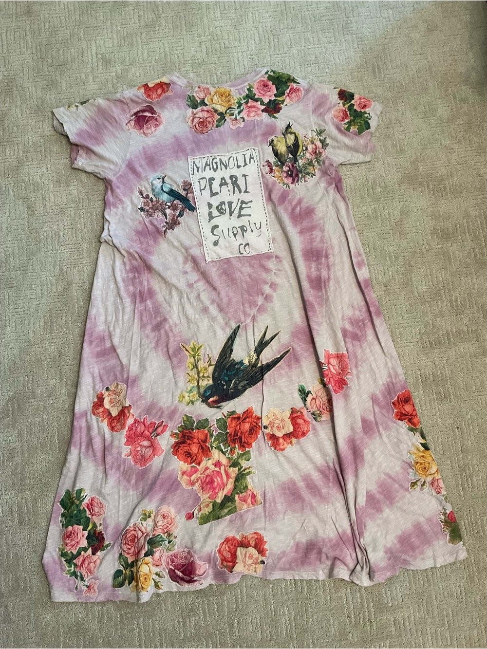 🌸🌺Magnolia Pearl Tie Dye Cat Floral Applique Maxi Dress OS EUC Boho Luxury Chic - Picture 4 of 11